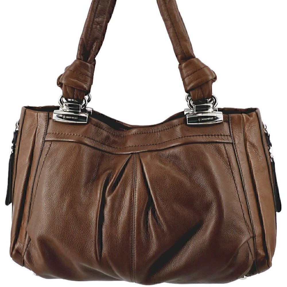 B MAKOWSKY Chocolate Brown Pebble Leather Shoulder Bag Silver Decorative Hardwa